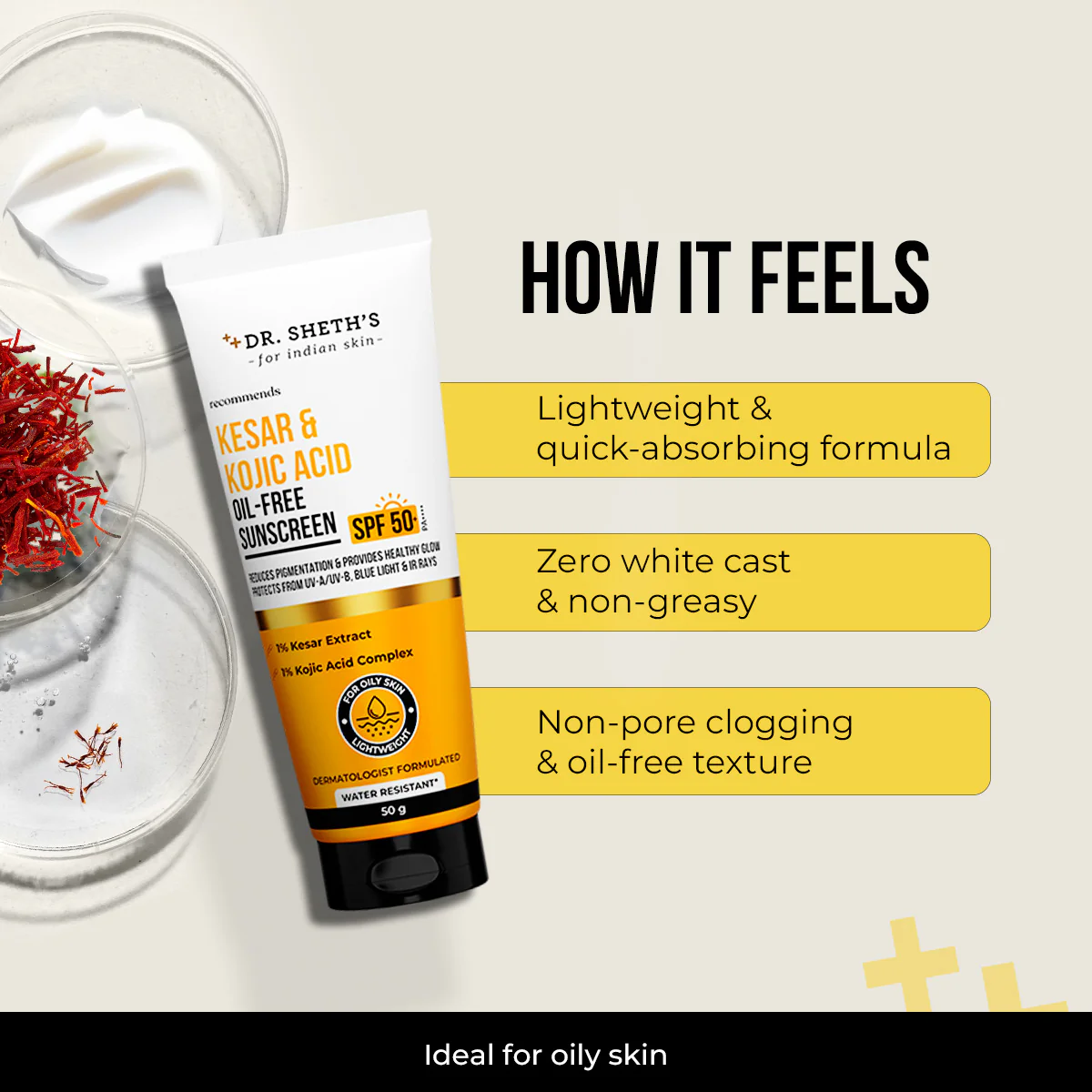 Kesar & Kojic Acid Oil Free Sunscreen - 50g In-Vivo Tested SPF 50+ PA ++++ - Image 5